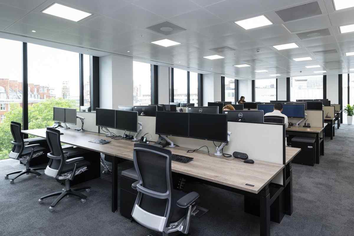 Colleagues using ergonomic sit-stand desks to improve health and focus