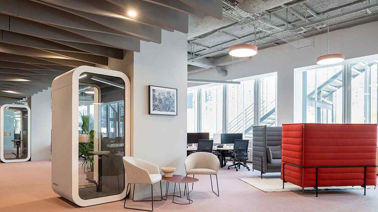 Office environment showing acoustic panels and sound-absorbing materials