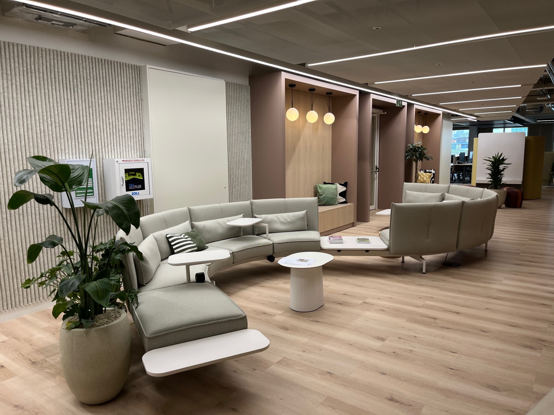 Open-plan collaboration area juxtaposed with quiet zones in a flexible office