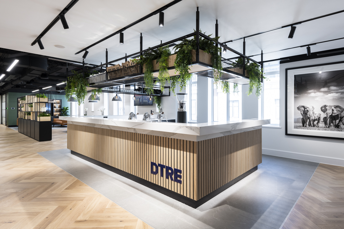 Biophilic office design with natural planting, timber and stone textures by K2 Space