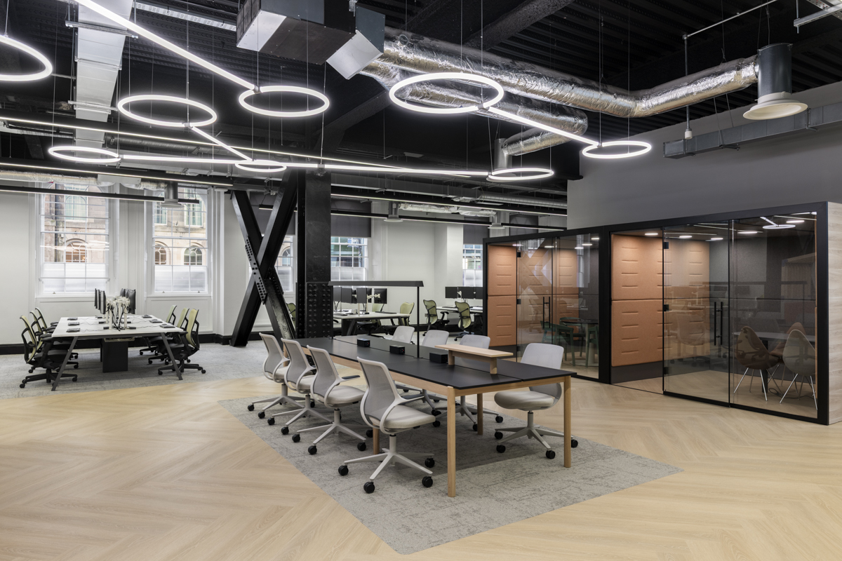 Dentsu media agency London workspace showing completed Cat B fit-out